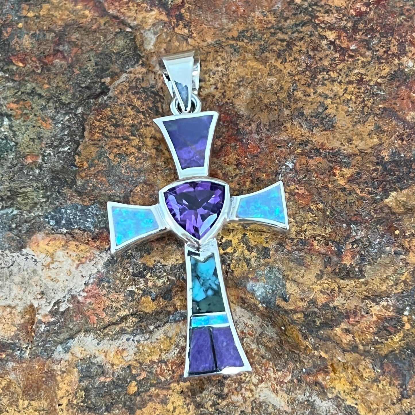 David Rosales Shalako Sterling Silver Pendant Cross w/ Amethyst