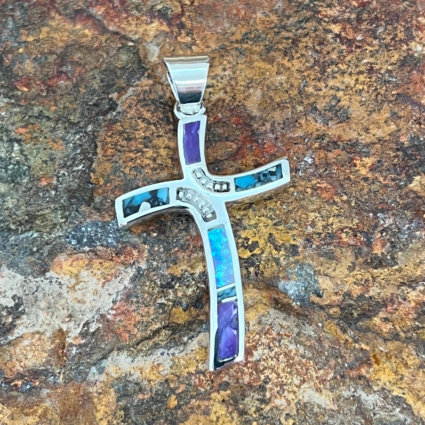 David Rosales Shalako Inlaid Sterling Silver Pendant Cross