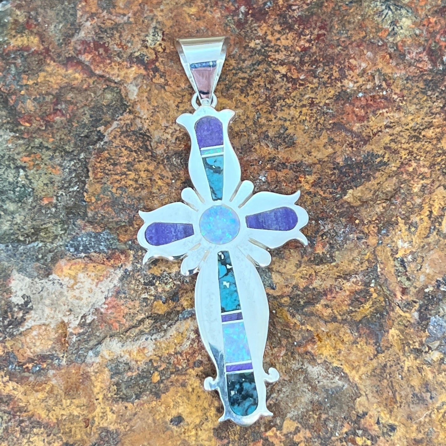 David Rosales Shalako Inlaid Sterling Silver Pendant Cross