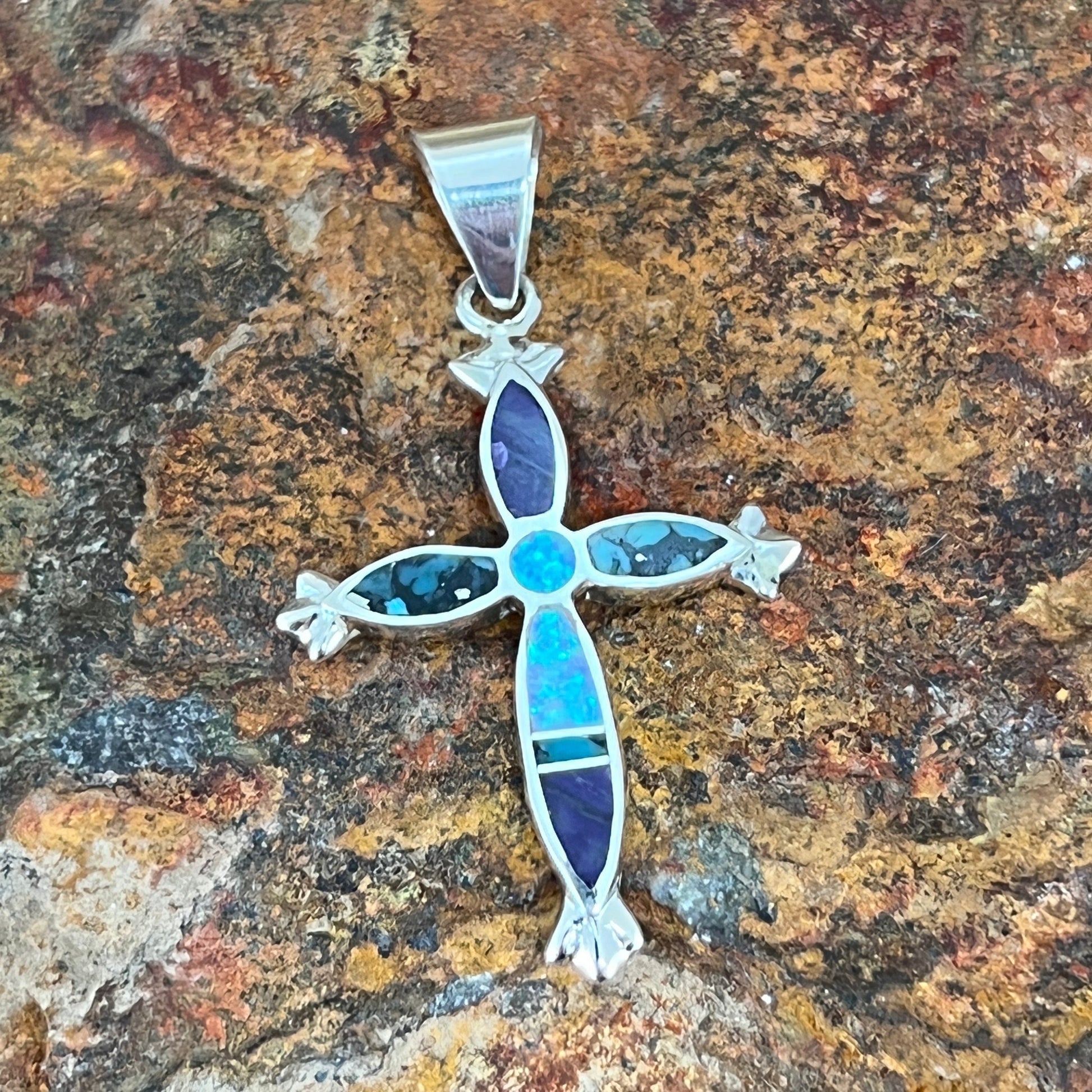 David Rosales Shalako Inlaid Sterling Silver Pendant Cross