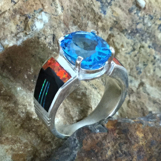 David Rosales Red Moon Inlaid Sterling Silver Ring w/ Blue Topaz