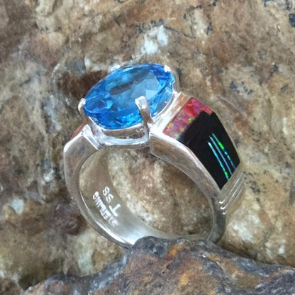 David Rosales Red Moon Inlaid Sterling Silver Ring w/ Blue Topaz