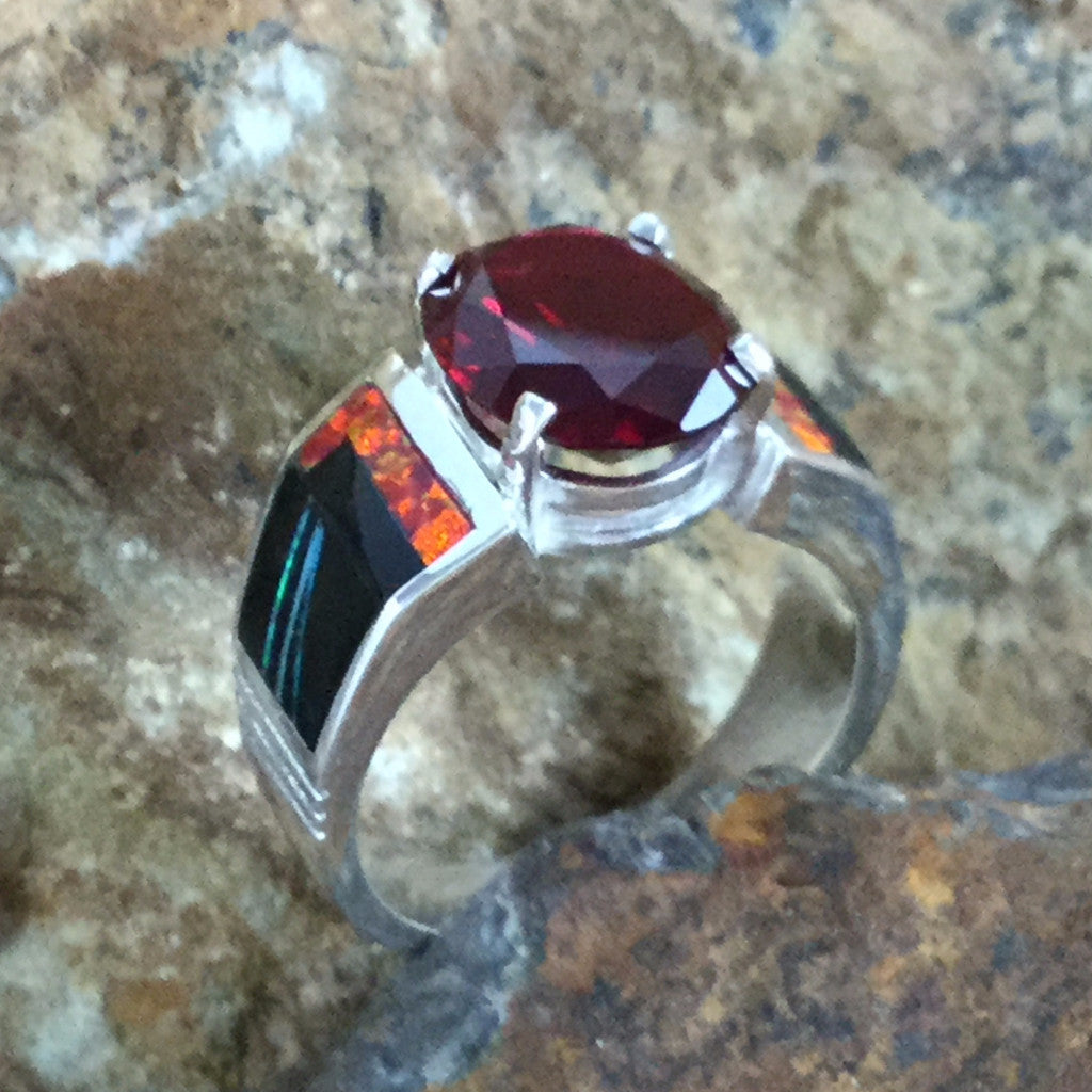 David Rosales Red Moon Inlaid Fancy Sterling Silver Ring w/ Garnet