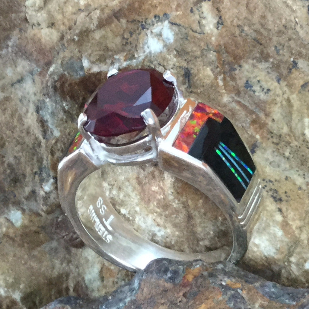 David Rosales Red Moon Inlaid Fancy Sterling Silver Ring w/ Garnet