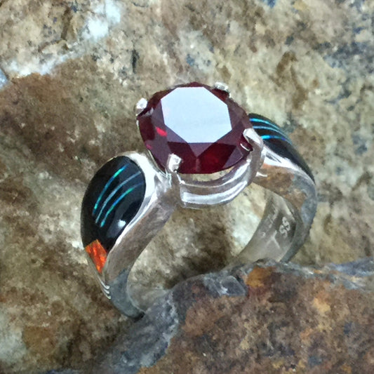 David Rosales Red Moon Inlaid Sterling Silver Ring w/ Red Garnet