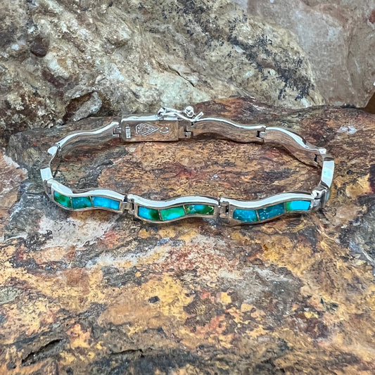 David Rosales Sonoran Gold Turquoise Inlaid Sterling Silver Wavy Link Bracelet