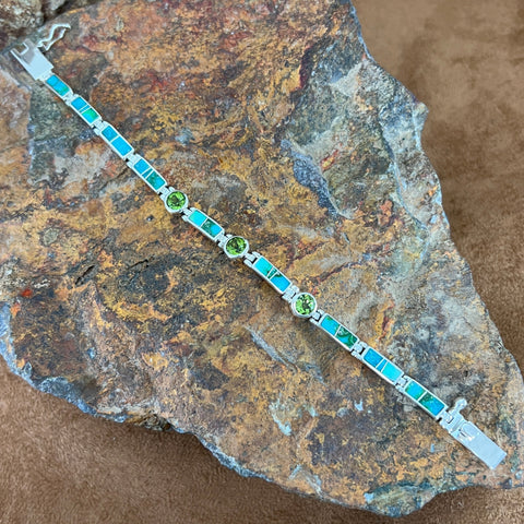 David Rosales Sonoran Gold Turquoise Inlaid Sterling Silver Link Bracelet w/ Peridot