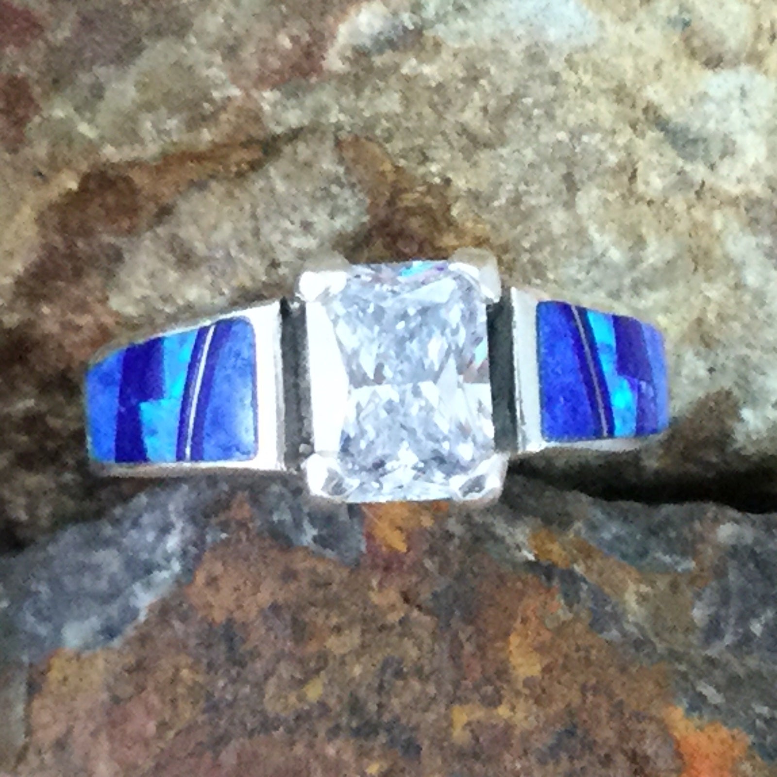 David Rosales Blue Sky Fancy Inlaid Sterling Silver Ring w/ Cubic Zirconia