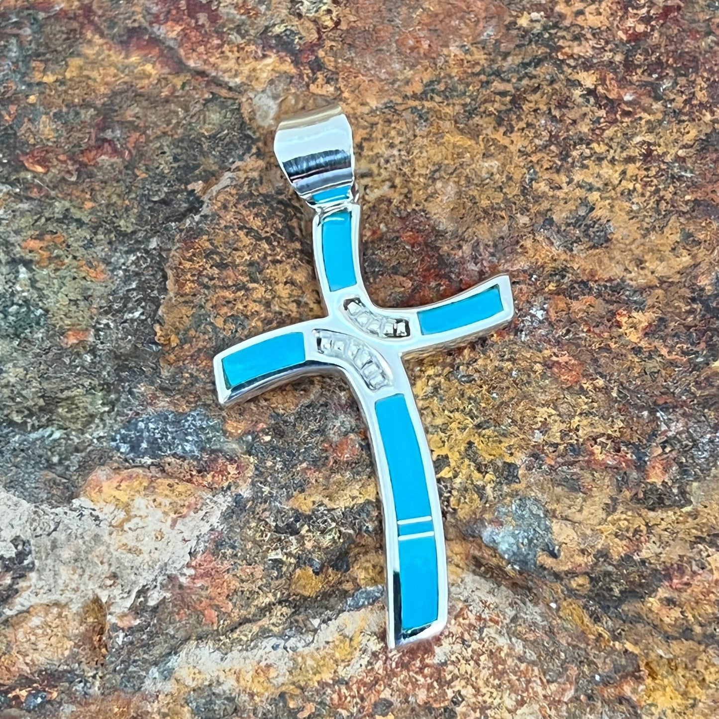 David Rosales Arizona Blue Inlaid Sterling Silver Pendant Cross