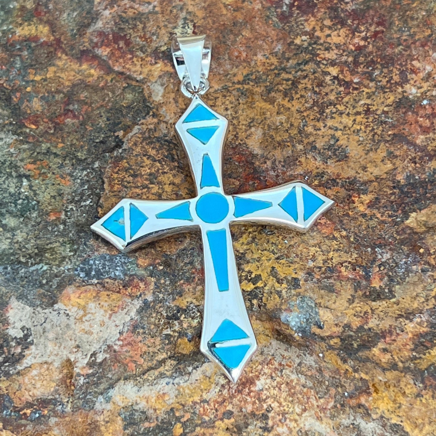 David Rosales Arizona Blue Inlaid Sterling Silver Pendant Cross