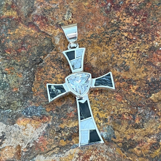 David Rosales White Buffalo Inlaid Sterling Silver Pendant Cross