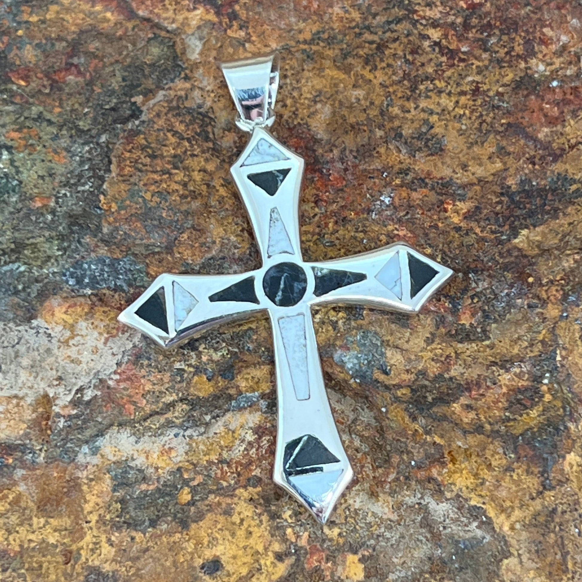 David Rosales White Buffalo Inlaid Sterling Silver Pendant Cross