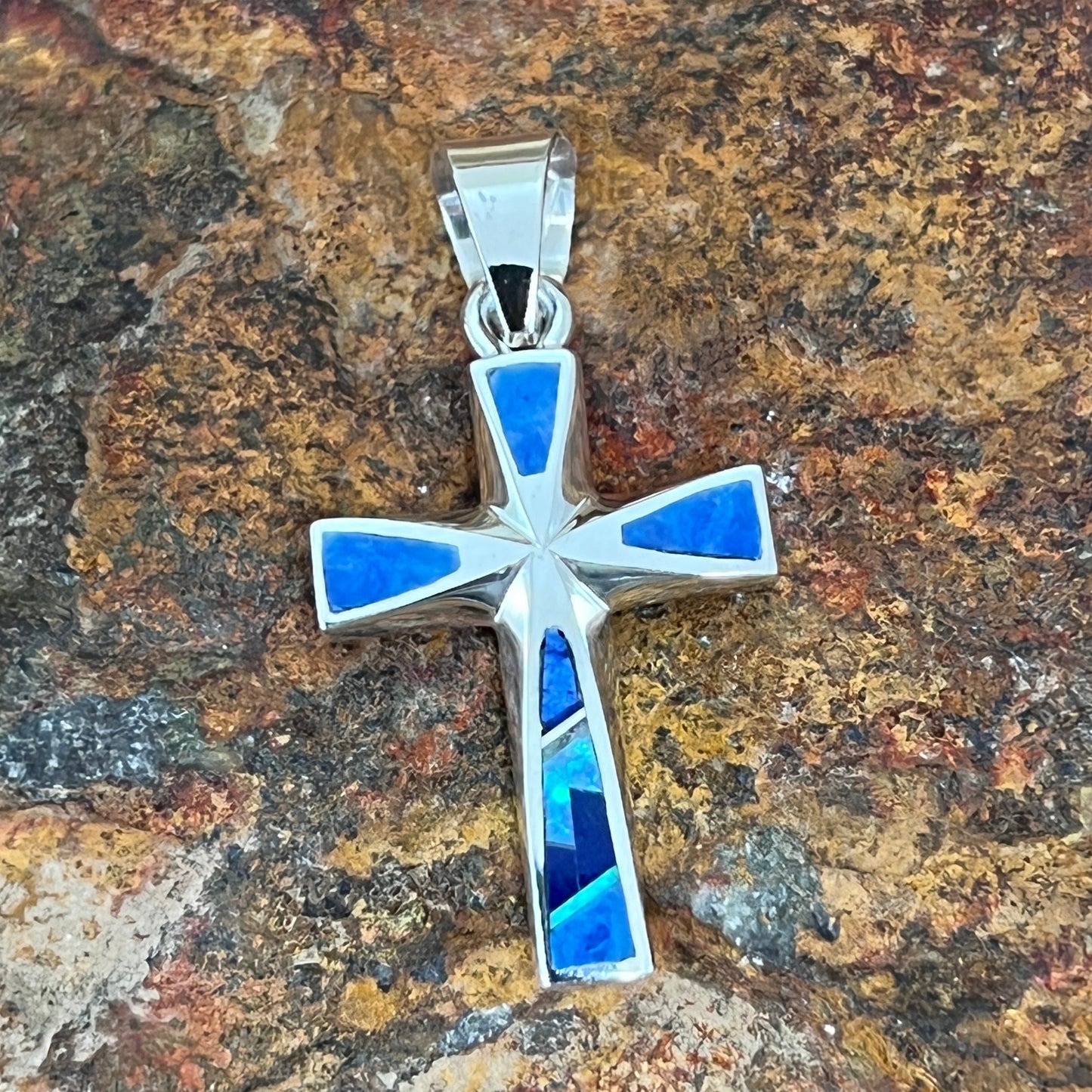 David Rosales Blue Sky Inlaid Sterling Silver Pendant Cross