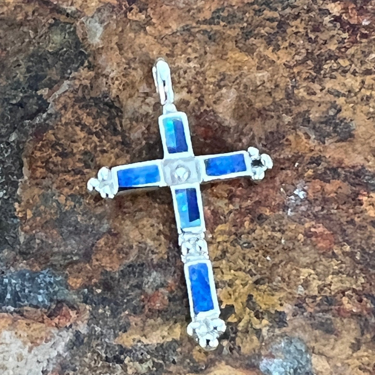 David Rosales Blue Sky Inlaid Sterling Silver Pendant Cross