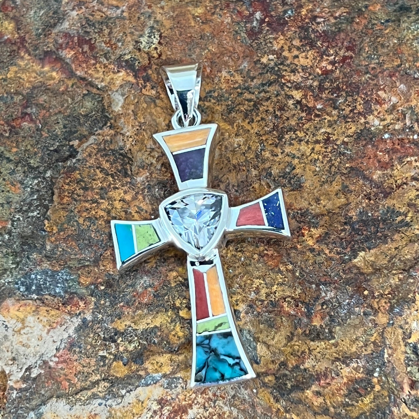 David Rosales Indian Summer Inlaid Sterling Silver Pendant Cross w/ Cubic Zirconia