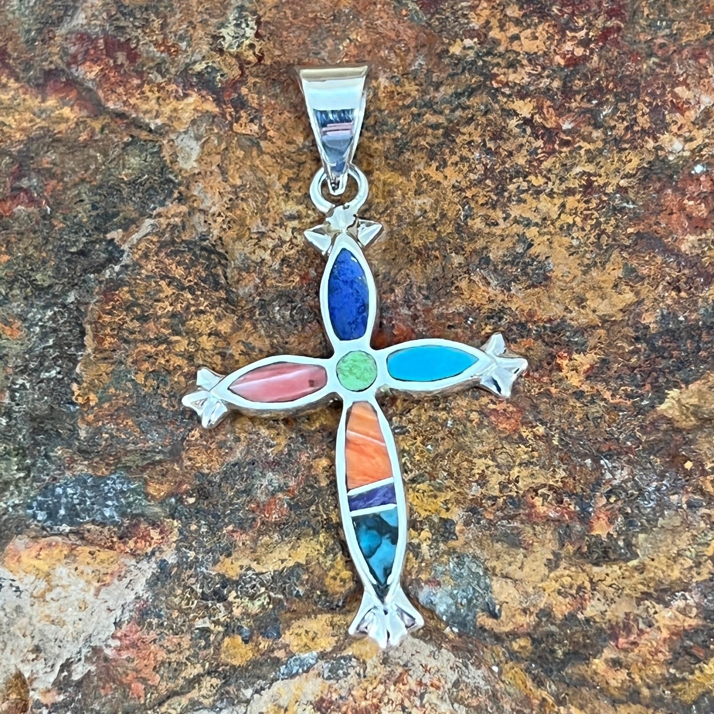 David Rosales Indian Summer Inlaid Sterling Silver Pendant Cross