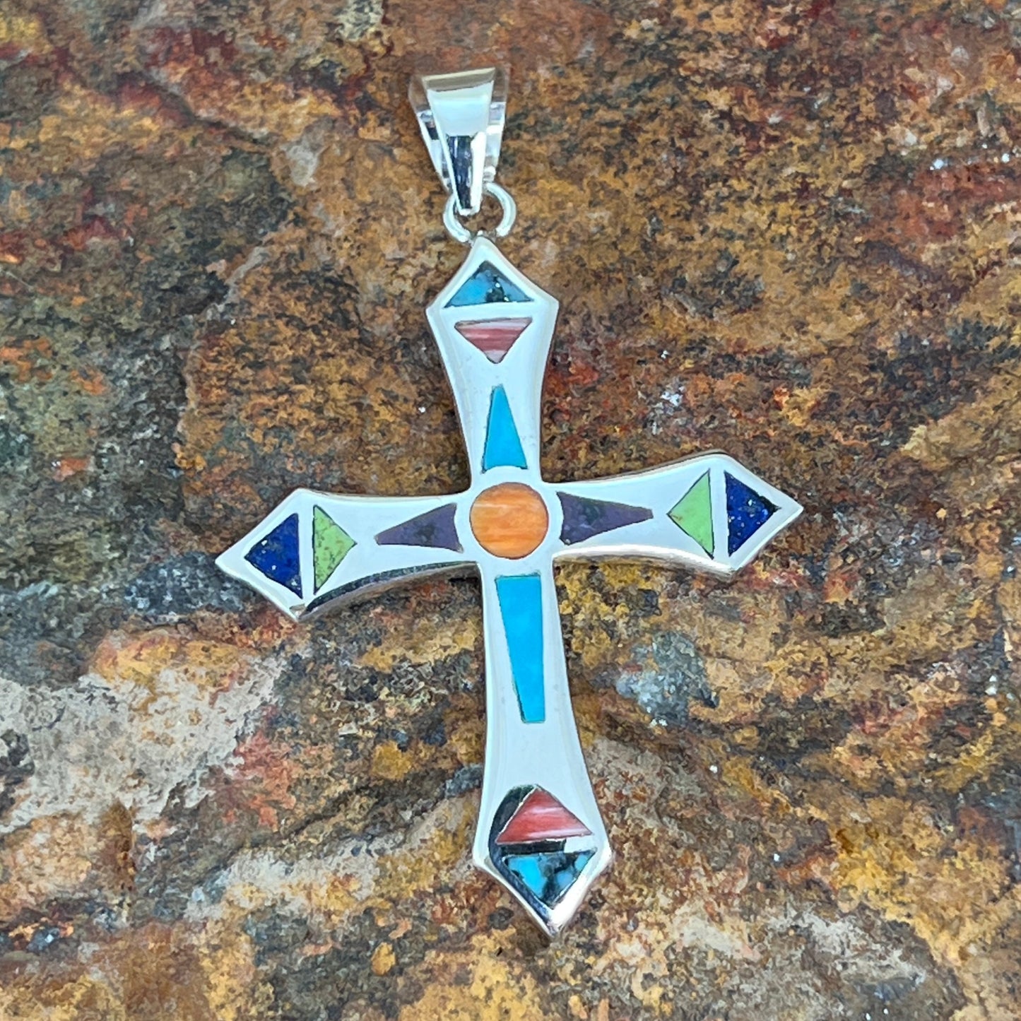 David Rosales Indian Summer Inlaid Sterling Silver Pendant Cross