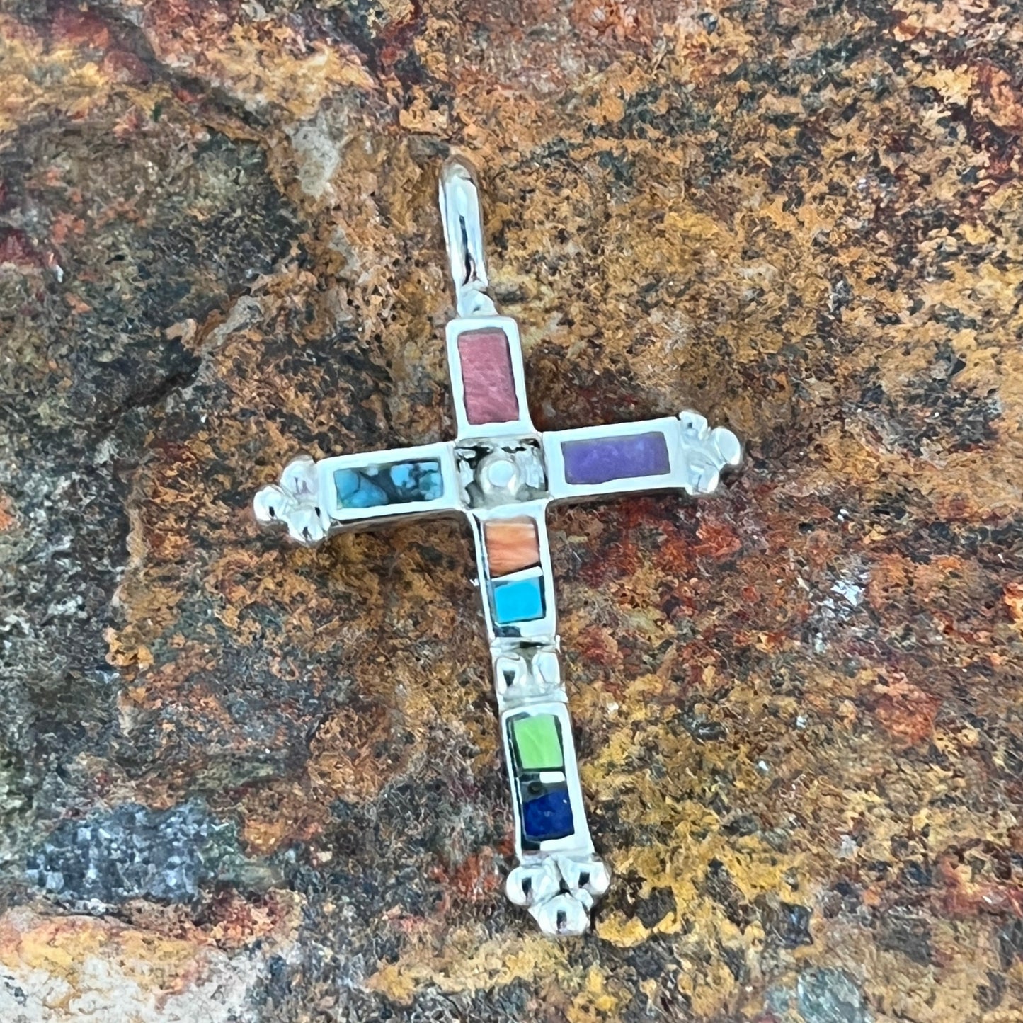 David Rosales Indian Summer Inlaid Sterling Silver Pendant Cross