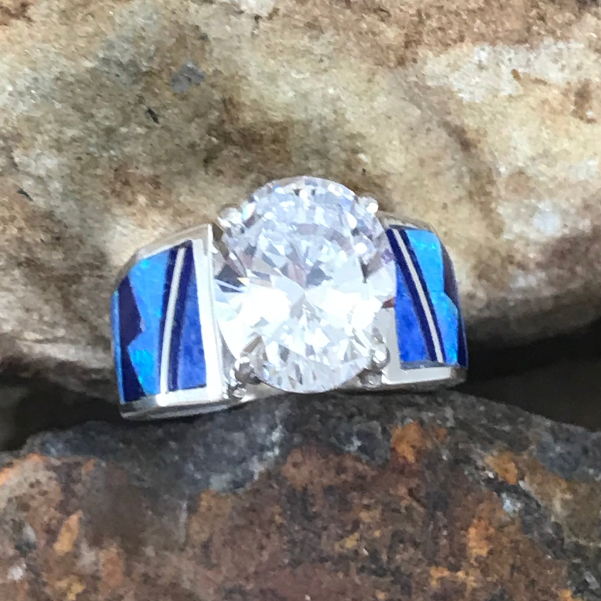 David Rosales Blue Sky Fancy Inlaid Sterling Silver Ring w/ Cubic Zirconia