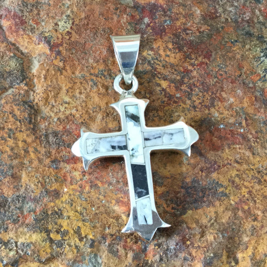 David Rosales White Buffalo Inlaid Sterling Silver Pendant Cross