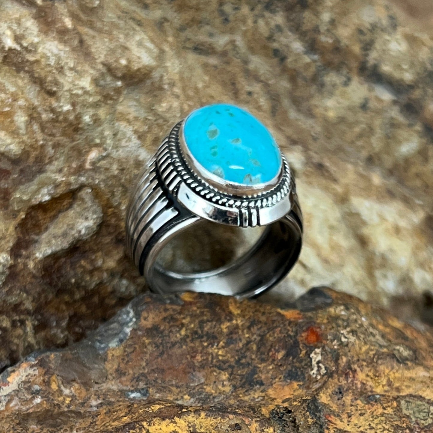 Kingman Turquoise Sterling Silver Ring by Wil Denetdale -- Size 11