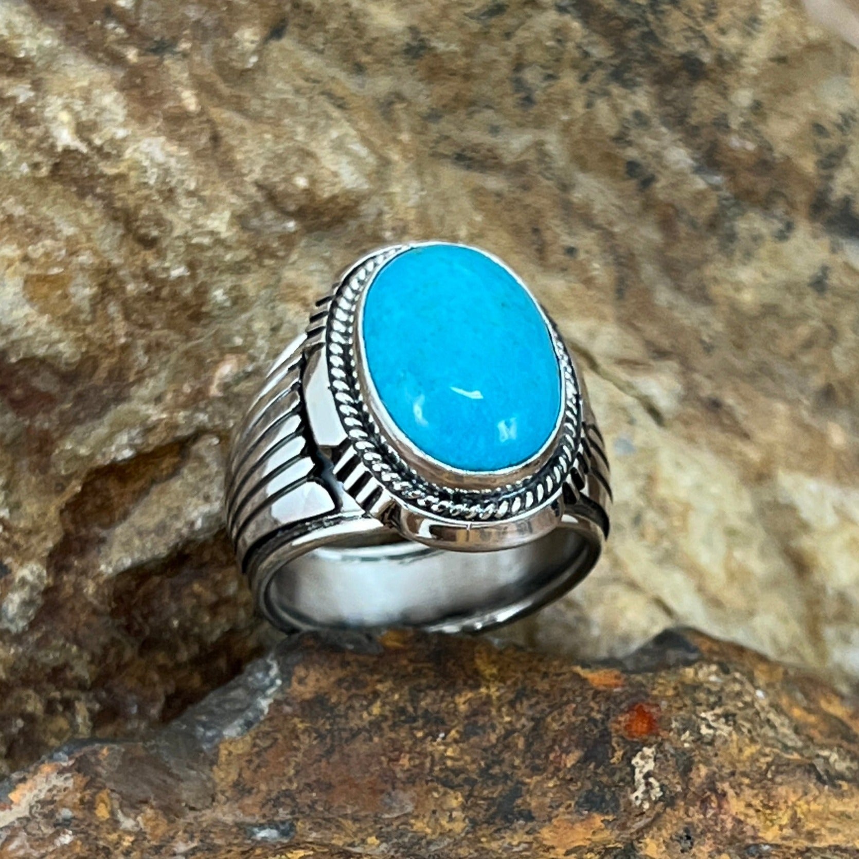 Kingman Turquoise Sterling Silver Ring by Wil Denetdale -- Size 10.5