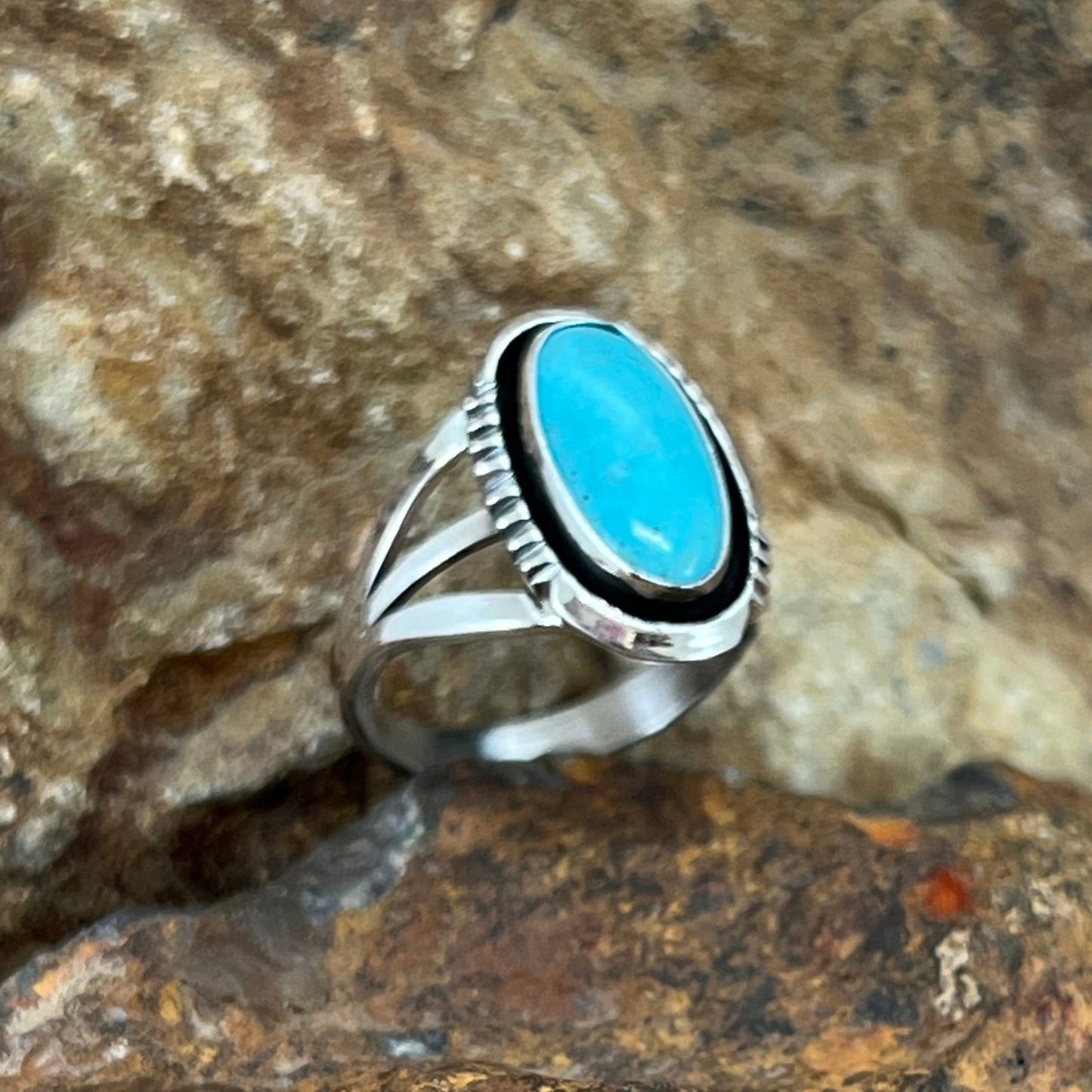 Kingman Turquoise Sterling Silver Ring by Wil Denetdale - Size 8.5