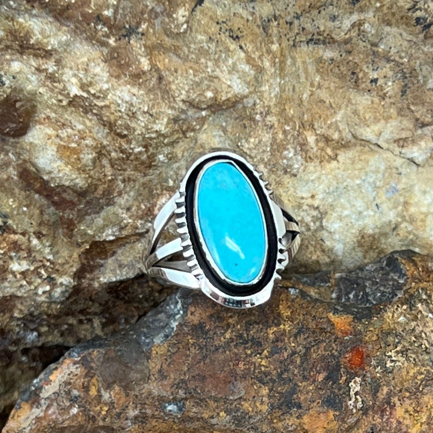 Kingman Turquoise Sterling Silver Ring by Wil Denetdale - Size 8.5