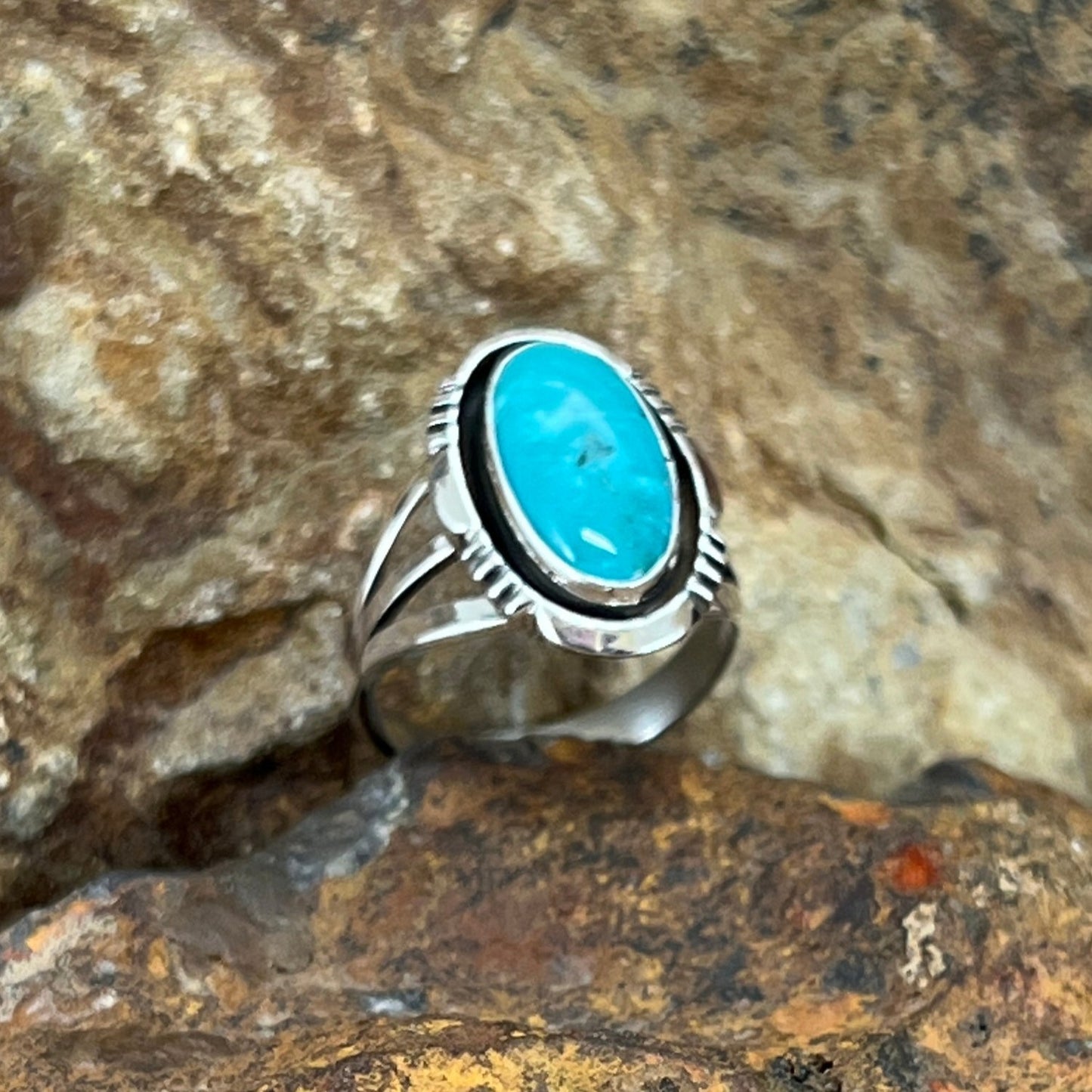 Kingman Turquoise Sterling Silver Ring by Wil Denetdale - Size 7.5