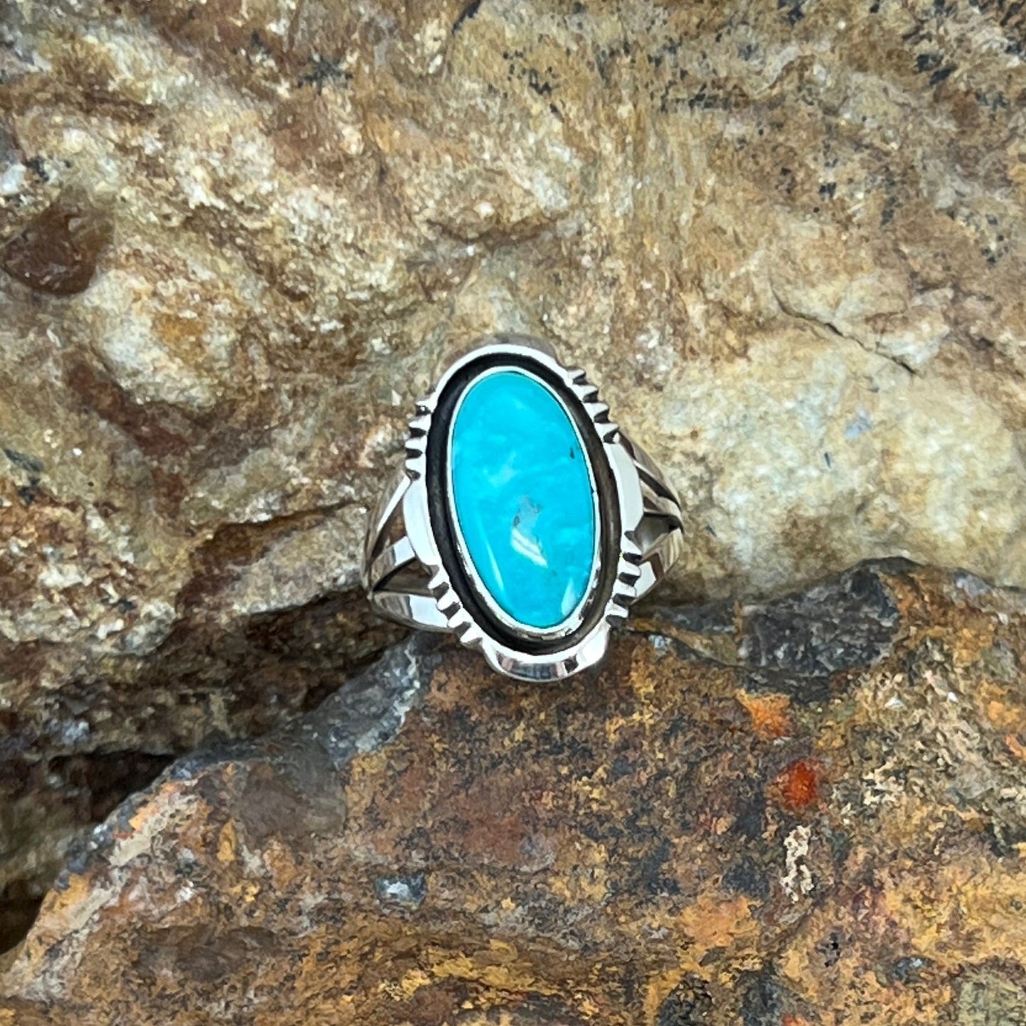 Kingman Turquoise Sterling Silver Ring by Wil Denetdale - Size 7.5