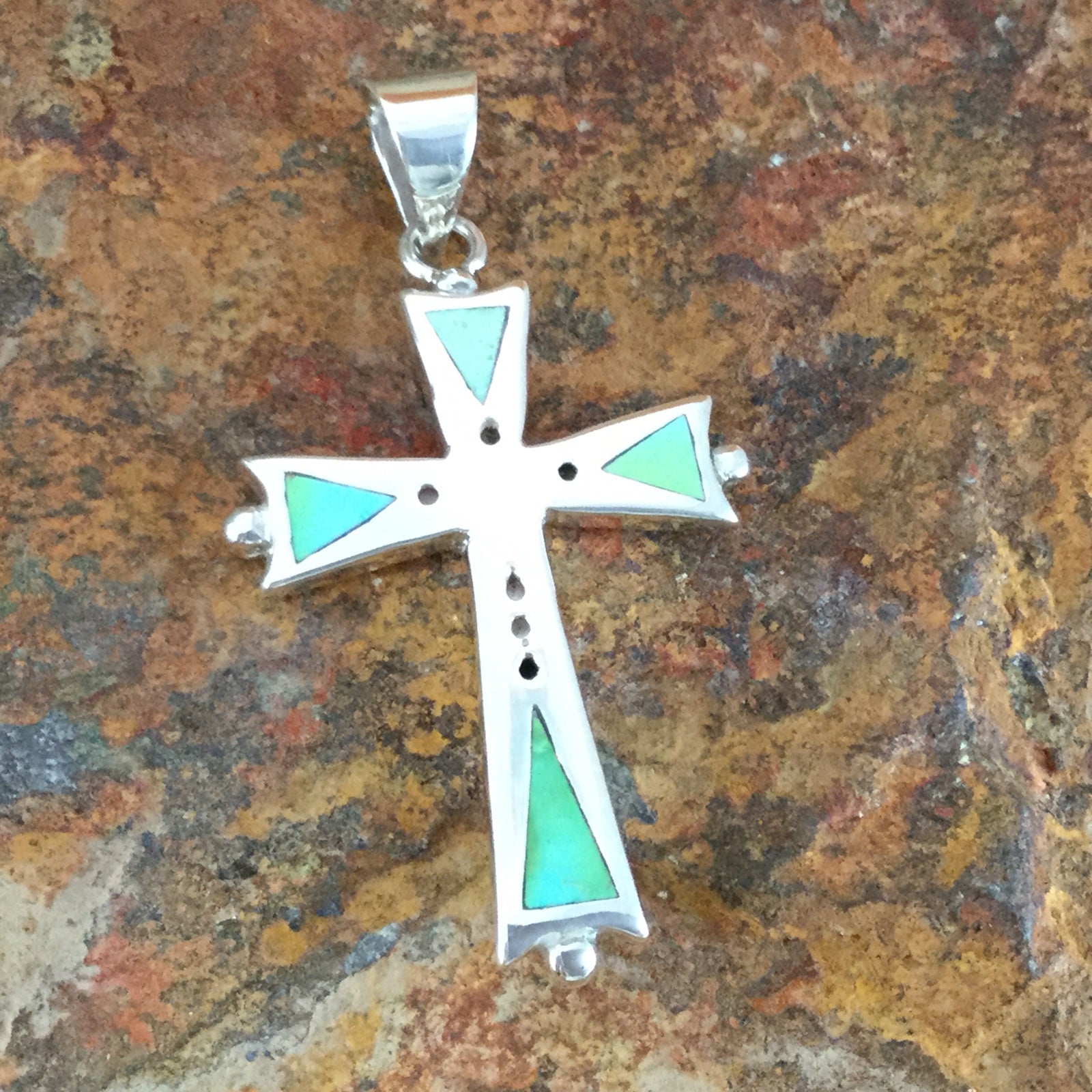 David Rosales Sonoran Gold Turquoise Inlaid Sterling Silver Pendant Cross