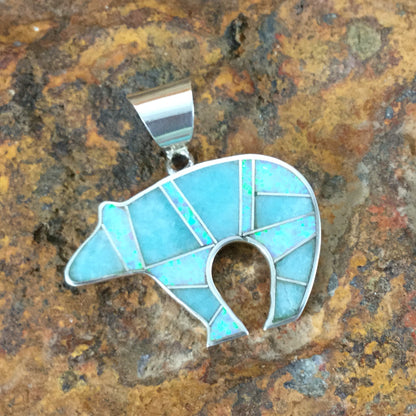 David Rosales Amazing Light Inlaid Sterling Silver Pendant Bear