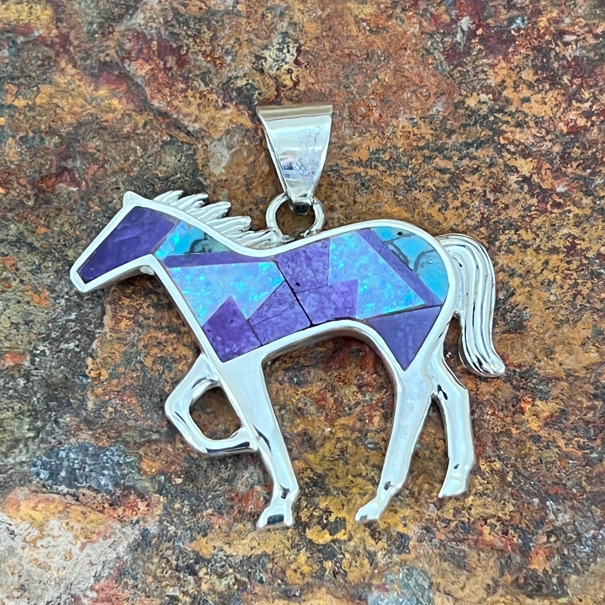 David Rosales Shalako Inlaid Sterling Silver Pendant Horse