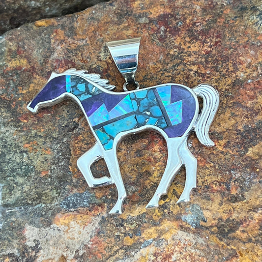 David Rosales Shalako Inlaid Sterling Silver Pendant Horse