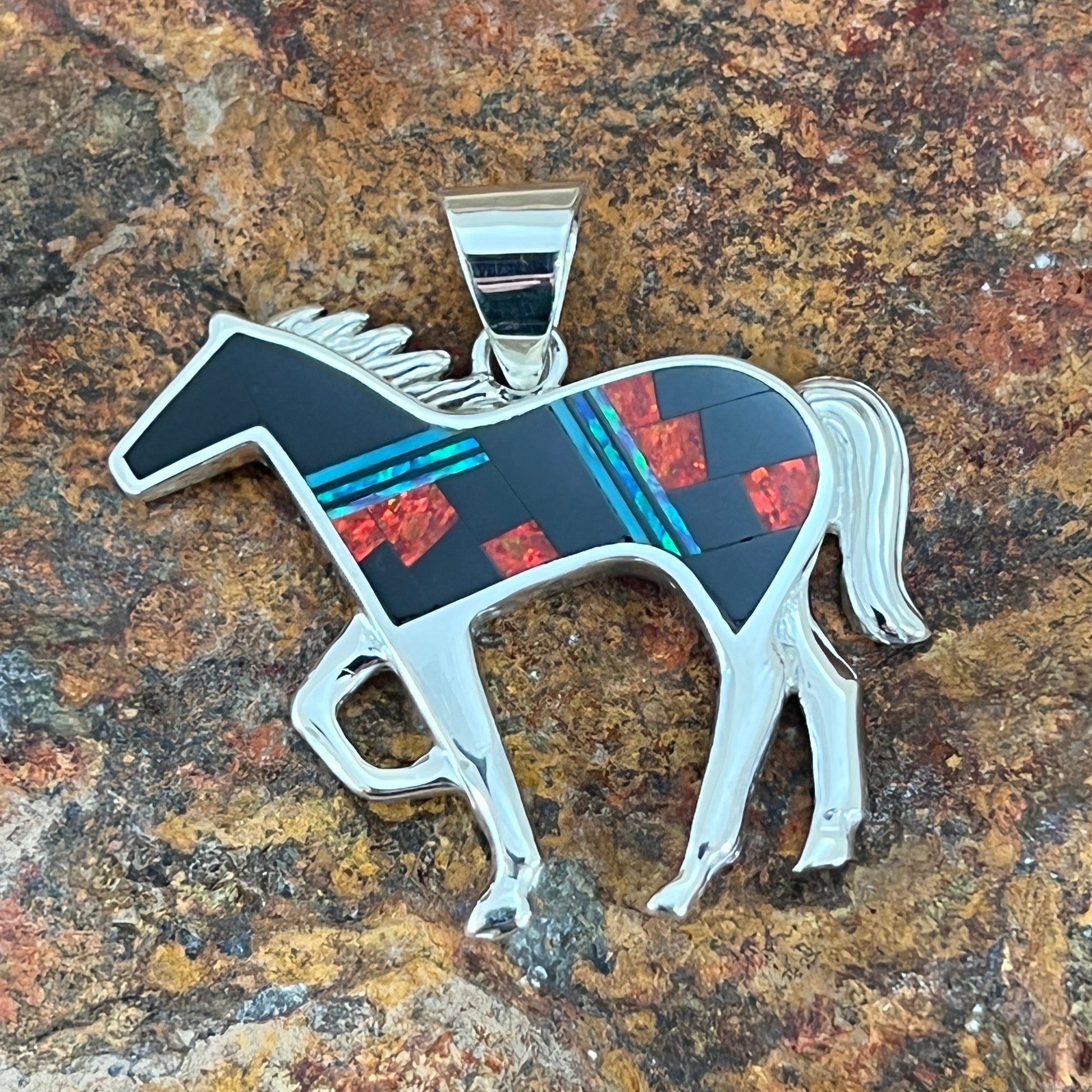 David Rosales Red Moon Inlaid Sterling Silver Pendant Horse