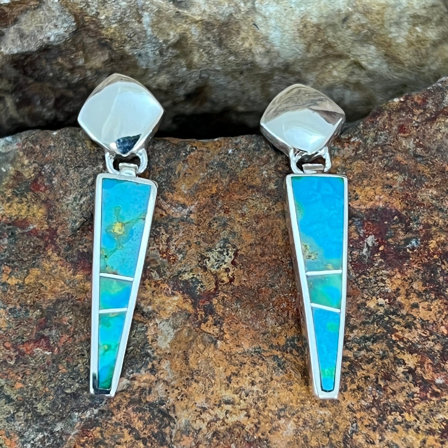 David Rosales Sonoran Gold Turquoise Inlaid Sterling Silver Earrings