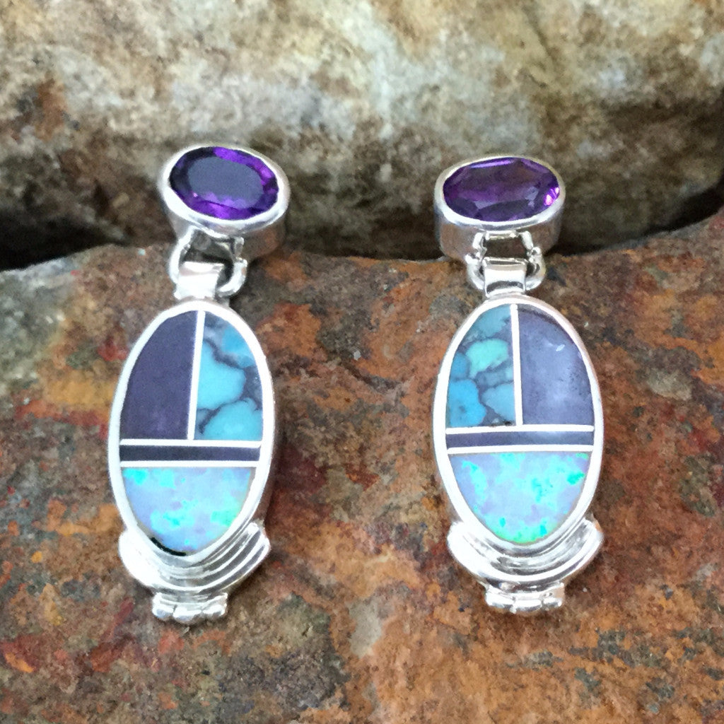 David Rosales Shalako Inlaid Sterling Silver Earrings w/ Amethyst