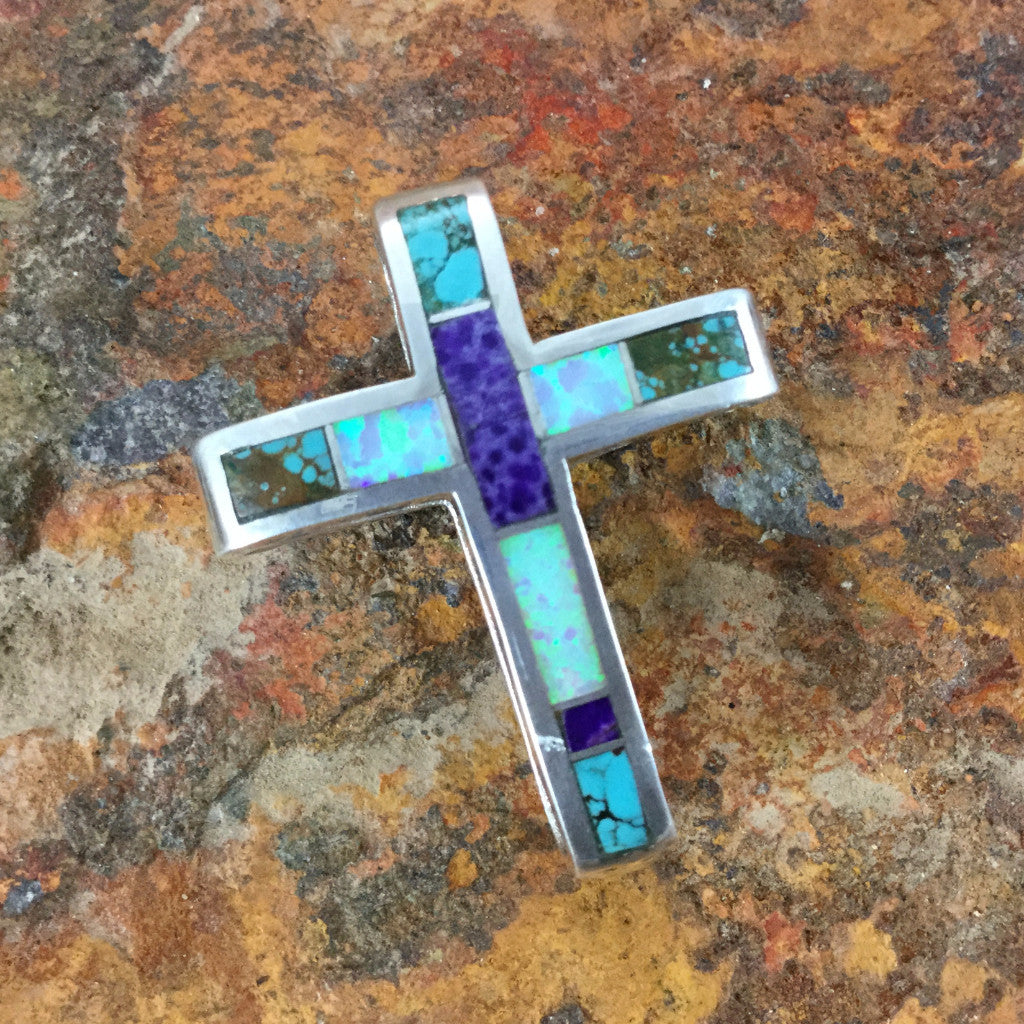 David Rosales Shalako Inlaid Sterling Silver Pendant Cross