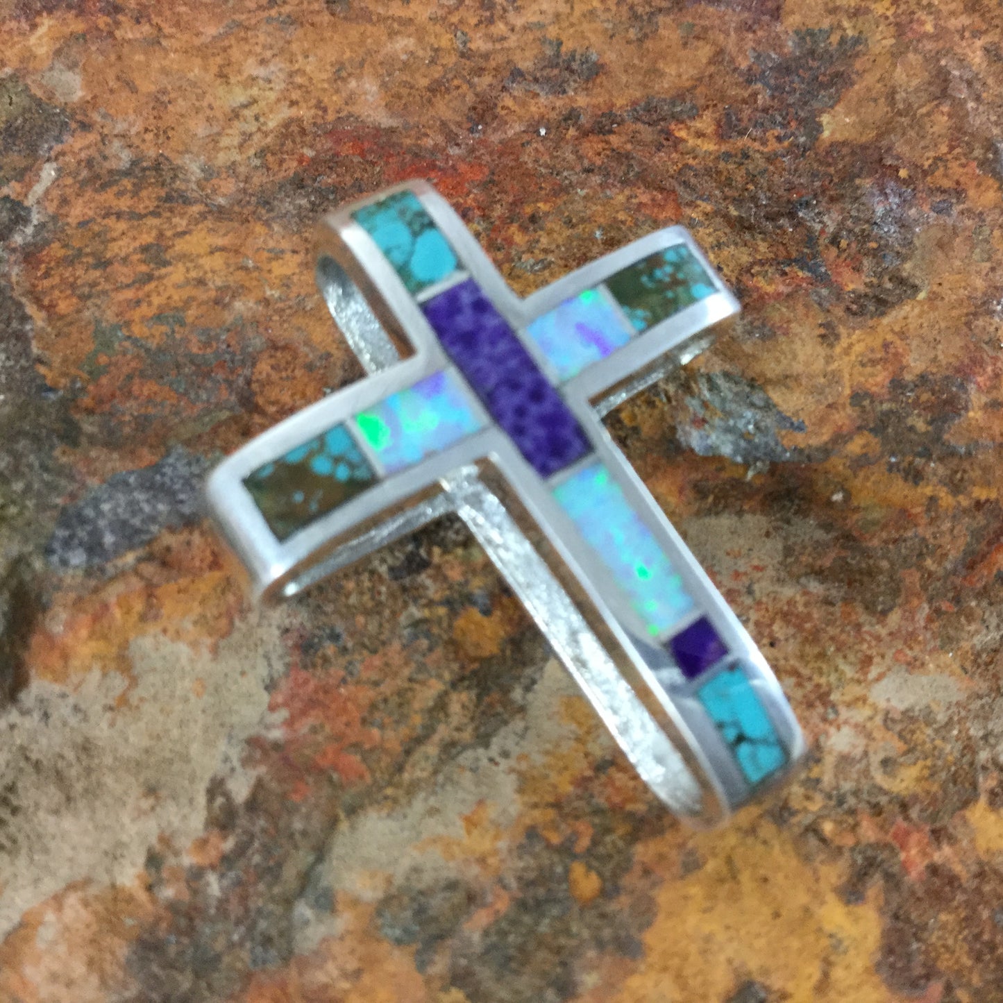 David Rosales Shalako Inlaid Sterling Silver Pendant Cross