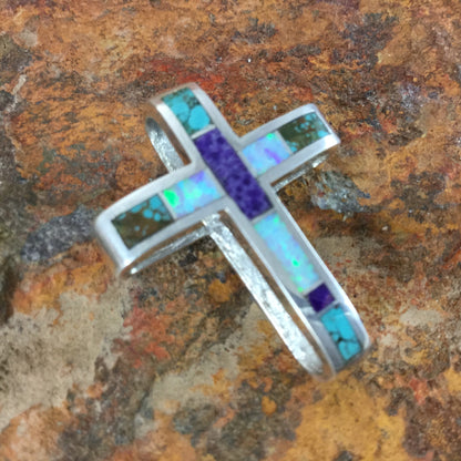 David Rosales Shalako Inlaid Sterling Silver Pendant Cross