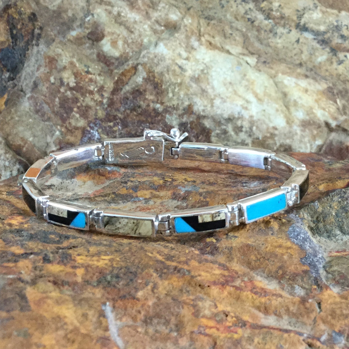 David Rosales Turquoise Creek Inlaid Sterling Silver Link Bracelet