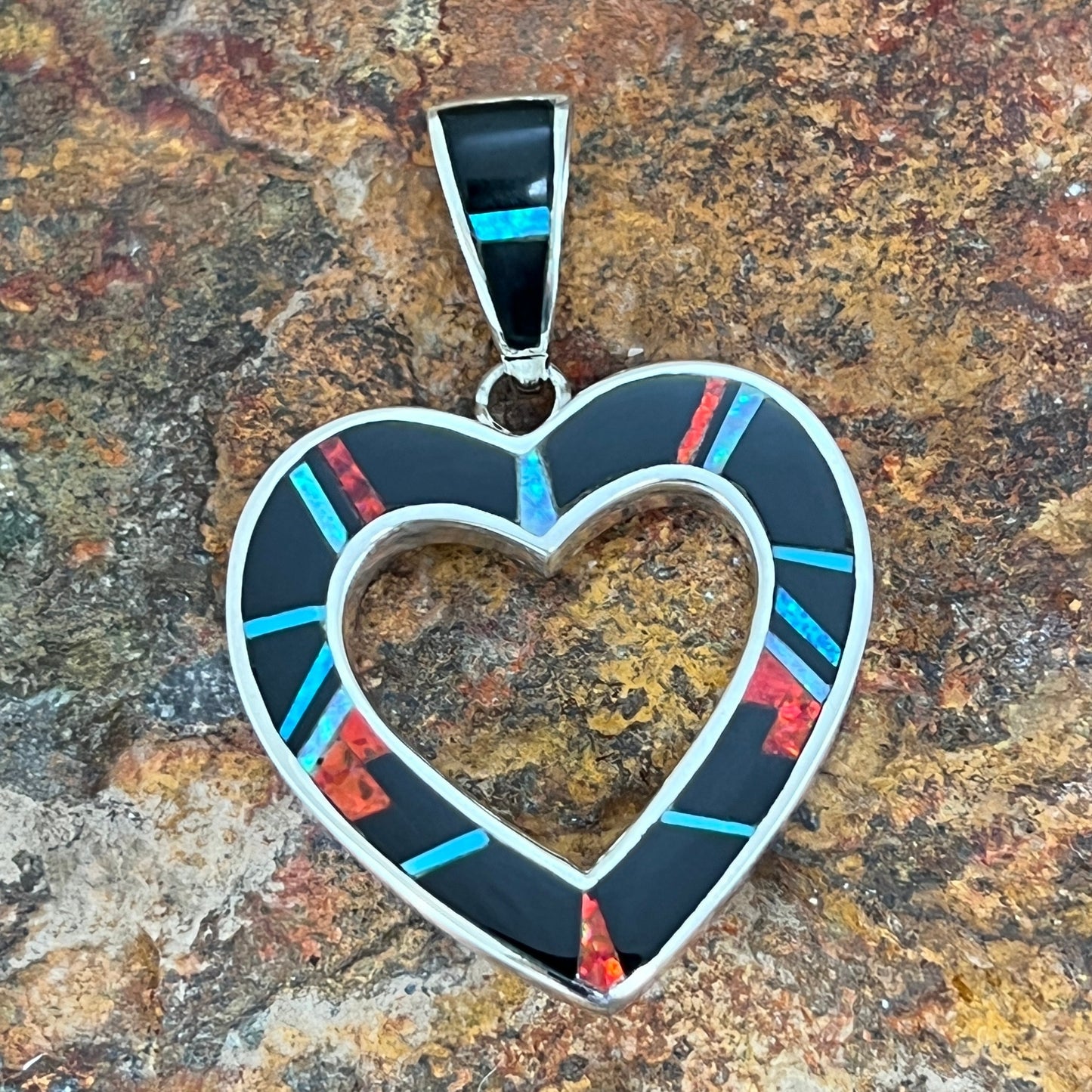 David Rosales Red Moon Inlaid Sterling Silver Pendant Heart