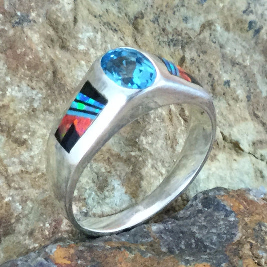 David Rosales Red Moon Inlaid Sterling Silver Ring w/ Blue Topaz