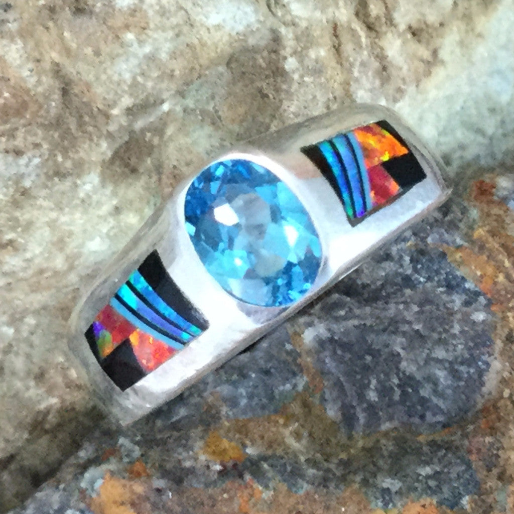 David Rosales Red Moon Inlaid Sterling Silver Ring w/ Blue Topaz