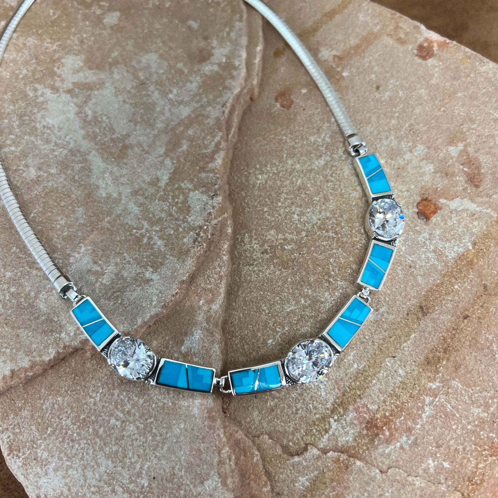 David Rosales Arizona Blue Fancy Inlaid Sterling Silver Necklace w/ Cubic Zirconia