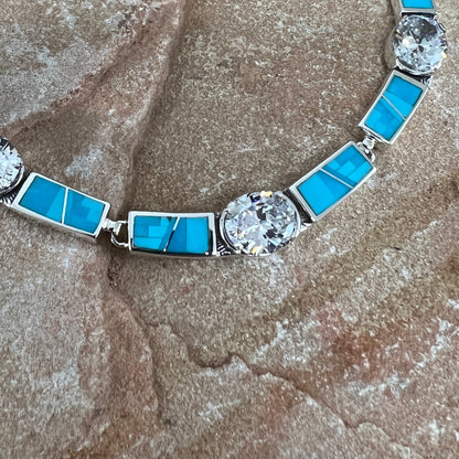 David Rosales Arizona Blue Fancy Inlaid Sterling Silver Necklace w/ Cubic Zirconia