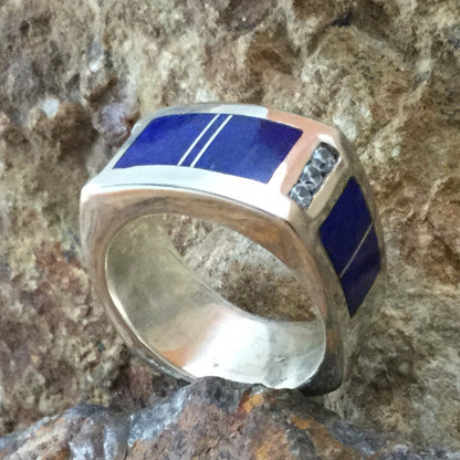 David Rosales Blue Water Inlaid Sterling Silver Ring w/ CZ