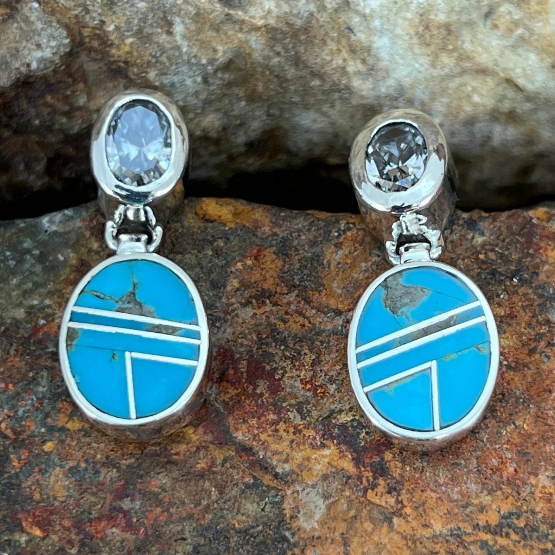 David Rosales Arizona Blue Inlaid Sterling Silver Earrings w/ Cubic Zirconia