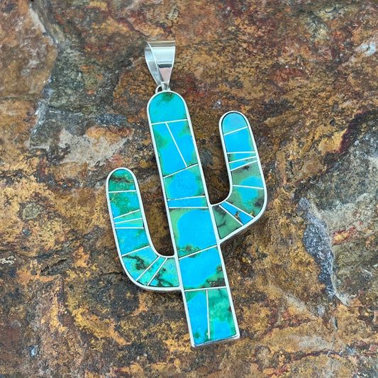 David Rosales Sonoran Gold Inlaid Sterling Silver Pendant Cactus