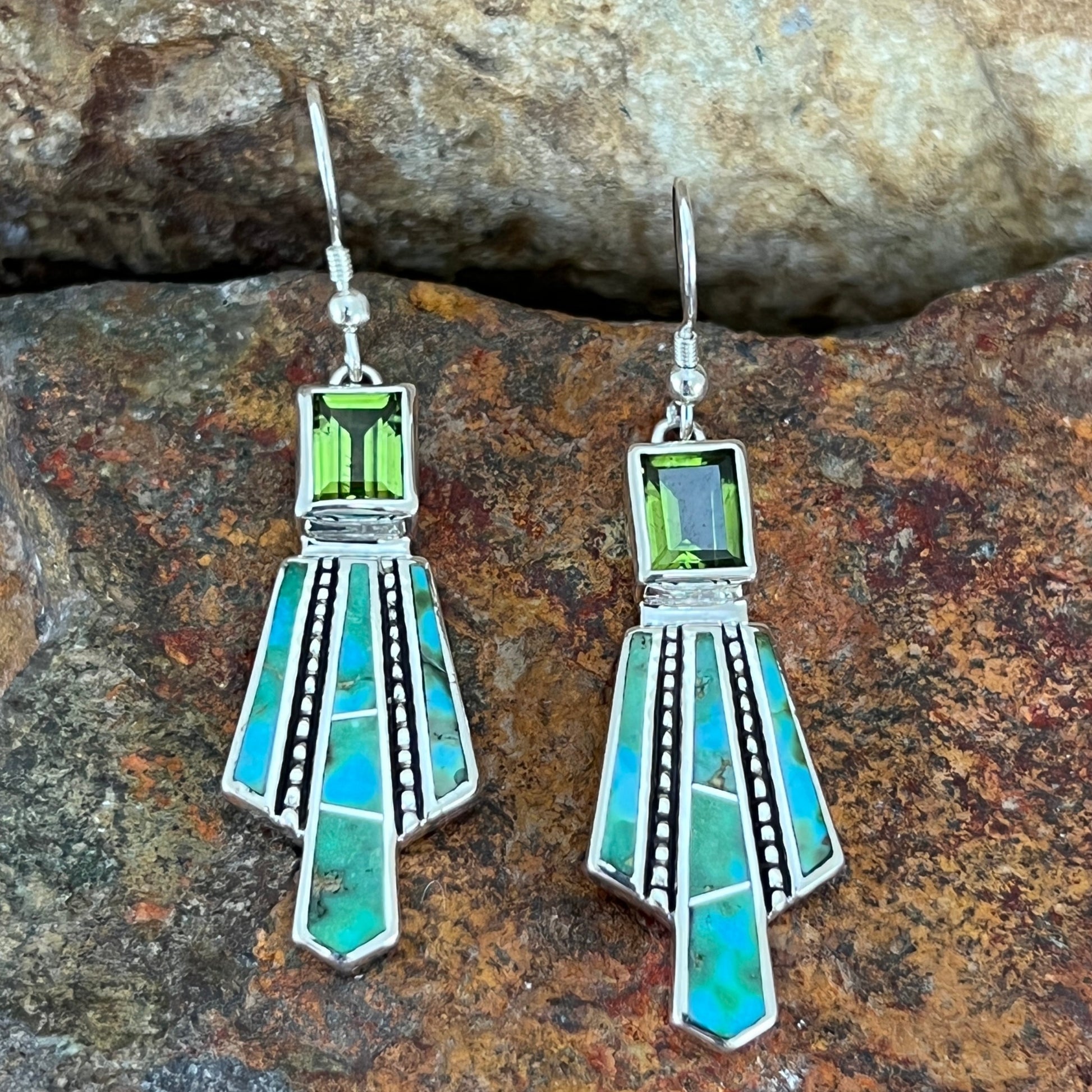 David Rosales Sonoran Gold Inlaid Sterling Silver Earrings w Peridot